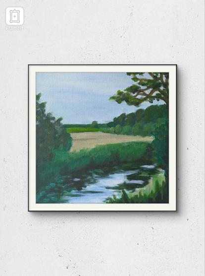A creek in front of fields an meadows. A row of trees in the background. The painting is digitally framed