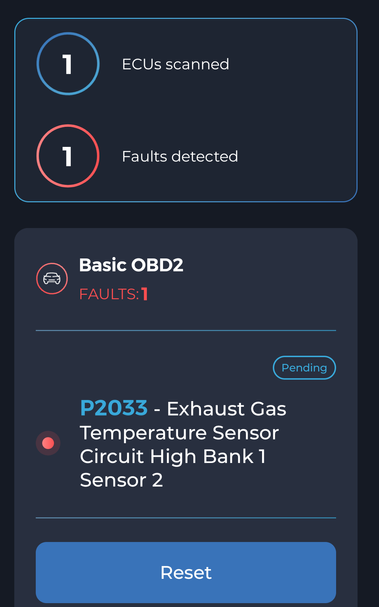 OBD2 diagnostic reporting one fault: P2033 - Exhaust Gas Temperature Sensor Circuit High Bank 1 Sensor 2