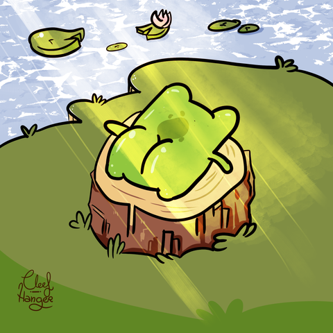 Froggelio over a stomp basking in the sun with a big yummy but up in their pond.