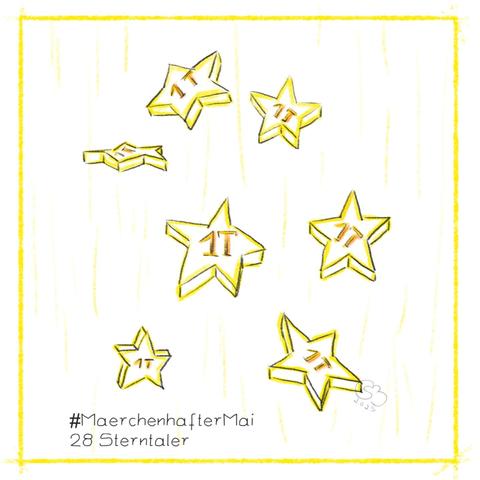 Farbige digitale Zeichnung im Stil einer Skizze, wenig coloriert. Goldfarbene Münzen in Form von 5-zackigen Sternen fallen herab. Auf jedem steht "1 T".