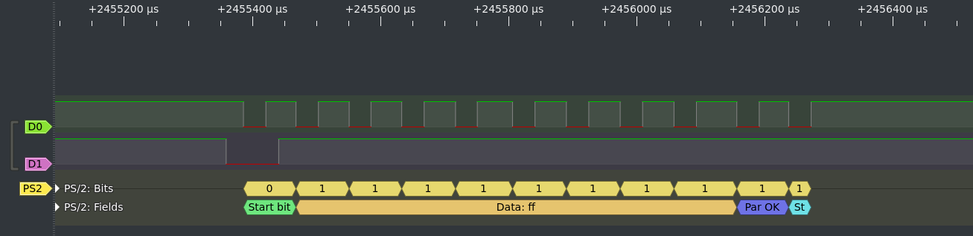 A screenshot of pulseview with a byte that was send to activate the trackpad.