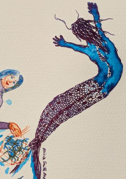 Twisty violet and blue merperson seen from above.