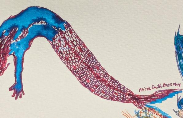 Same twisty merperson, but this time angled to catch the red-violet sheen of the ink.