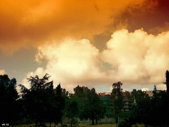 Landschafts- und Himmelbild in Tabakfarben mit verstärktem Braun und Weiß und verdunkeltem Grün. Große Wolken am Himmel, Bäume und dahinter Wohnhäuser. Aufgenommen mit Vignette for Android auf einem Sony Xperia von 2011.