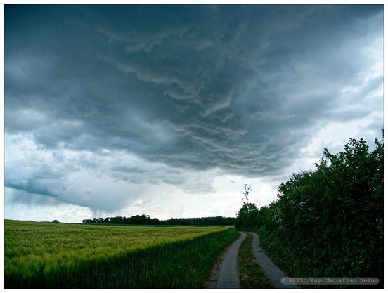 Alle Fotos: Wetterwechsel mit stürmischen Böen und Regenschauern nach einer wochenlangen Schönwetterperiode über der Feldmark bei Köhn im nördlichen Kreis Plön am Abend des 22. Mai: Weitwinklige Fotos zeigen dramatische, dunkle Wolkenbilder über der frühlingsgrünen Feldmark.