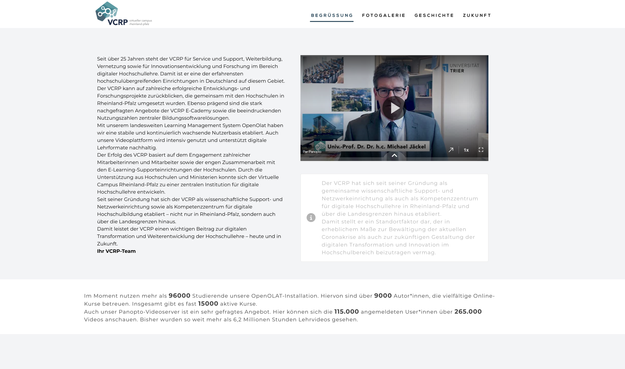 Screenshot der Historien-Seite des VCRP. Man sieht einen längeren Text, ebenso wie ein Video mit Univ. Prof. Dr. Dr. h.c. Michael Jäckel.