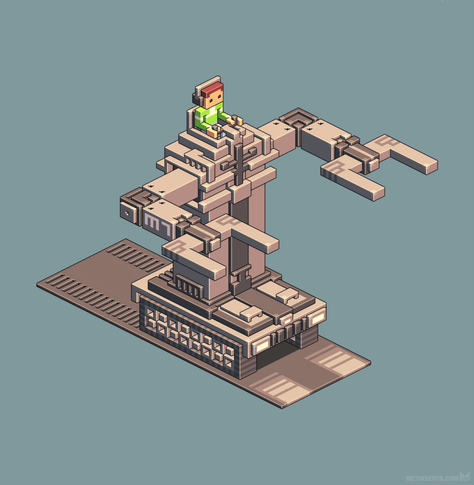 Isometric voxel art, showing a boy sitting on top of a large mech robot tank, controlling it.