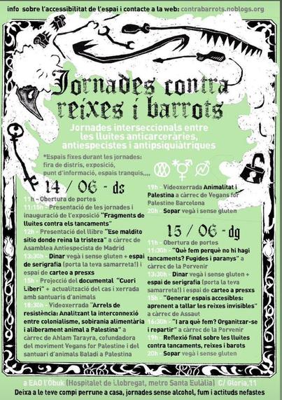 Cartel con programación de Jornades Contra Reixes i Barrots. Puedes consultar la información en https://contrabarrots.noblogs.org/