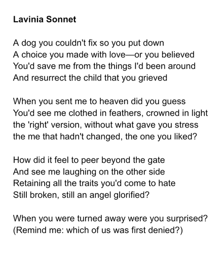Lavinia Sonnet

A dog you couldn't fix so you put down
A choice you made with love—or you believed
You'd save me from the things I'd been around
And resurrect the child that you grieved 

When you sent me to heaven did you guess
You'd see me clothed in feathers, crowned in light
the 'right' version, without what gave you stress
the me that hadn't changed, the one you liked?

How did it feel to peer beyond the gate
And see me laughing on the other side
Retaining all the traits you'd come to hate
Still broken, still an angel glorified?

When you were turned away were you surprised?
(Remind me: which of us was first denied?)