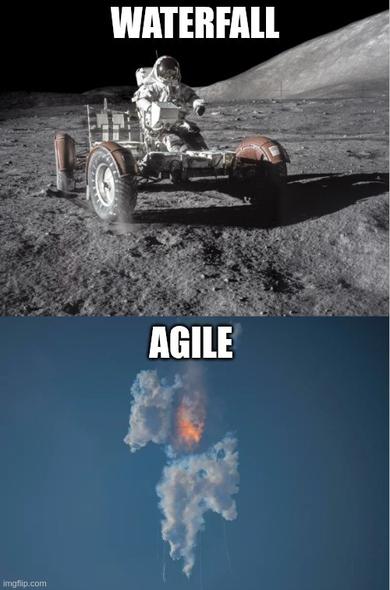 Waterfall: Apollo 17, Astronaut mit Rover auf dem Mond
Agile: die Explosion eines SpaceX Starship