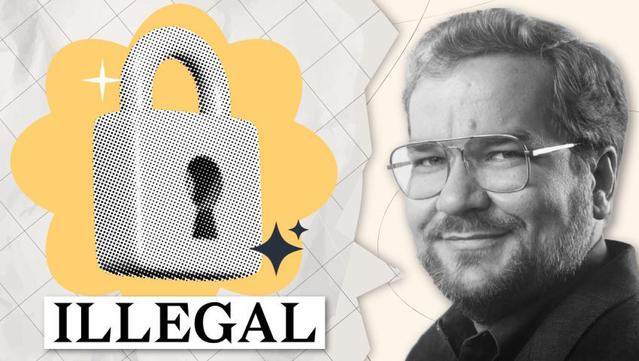 A video thumbnail, on the left-hand side, is a halftone stylised lock with sparkling shapes surrounding it. The lock is overlayed on a yellow squiggly shape. Underneath the lock is a bold title saying "ILLEGAL". On the right-hand side of the thumbnail is a black-and-white portrait of Phil Zimmermann, the computer scientist and cryptographer.