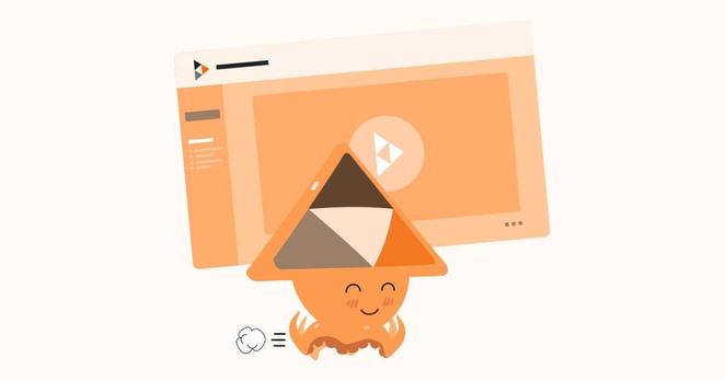 Peertube Grafik, kleiner Comic-Octopus mit Dreieckshut trägt ein Peertube-Screenshot im Comicstyle