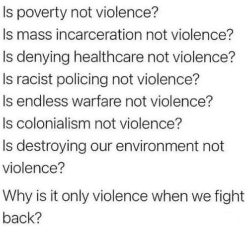 Is poverty not violence?
Is mass incarceration not violence?
Is denying healthcare not violence?
Is racist policing not violence?
Is endless warfare not violence?
Is colonialism not violence?
Is destroying our environment not violence?

Why is it only violence when we fight back?