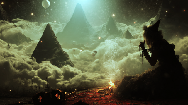 Sorcière des cimes célestes.
Silhouette d’une sorcière contemplant des montagnes flottant dans les nuages sous un ciel étoilé, au bord d’un feu mystique.
Silhouette of a witch gazing at cloud-covered peaks beneath a starry sky, sitting by a mystical fire.