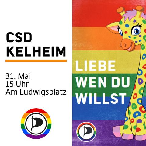 CSD Kelheim - 31. Mai, 15 Uhr am Ludwigsplatz - rechts: Gayraffe vor Regenbogen Hintergrund "Liebe wen du willst"