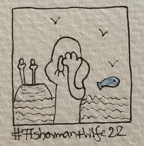 A simple line drawing depicts a figure doing a face palm. In the background, there are two people on a rock, while a small blue fish swims away from them in the water.