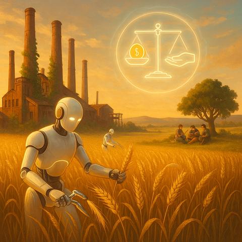 Das Bild zeigt eine symbolische Schwellenzeit zwischen Industriegesellschaft und Zukunft. Im Vordergrund arbeiten freundliche Roboter auf einem goldenen Feld – sie übernehmen die körperliche Arbeit, während im Schatten eines Baumes Menschen gemeinsam lesen, musizieren und sich austauschen. Im Hintergrund verfallen überwucherte Fabrikschlote – Relikte einer Ära, die von Ausbeutung und Linearität geprägt war. Über allem schwebt ein leuchtendes Symbol: eine Waage mit Münze und offener Hand – Gleichgewicht zwischen technologischem Fortschritt und sozialer Gerechtigkeit. Dieses Bild feiert den Übergang in eine gerechtere Gesellschaft, in der automatisierte Wertschöpfung nicht Eliten stärkt, sondern Menschen befreit.

⸻

📜 Image Description (English):
This image represents a symbolic threshold between the industrial age and a future society. In the foreground, benevolent robots tend to a golden field, taking over manual labor while people rest peacefully under a tree—reading, creating music, and sharing thoughts. In the background, overgrown factory chimneys crumble—ghosts of a past driven by exploitation and rigid systems. Above, a glowing icon floats: a scale with a coin on one side and an open hand on the other—signifying balance between technological progress and social justice. This image celebrates the crossing into a fairer society, where automated value creation liberates humanity instead of enriching the few.🖖