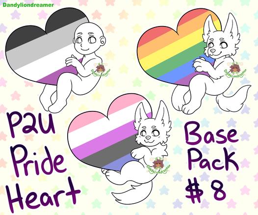 an ad that says " P2U Pride Heart Base Pack $8"

it presents 3 bases of a human anthro and feral hugging pride hearts of ace, rainbow, and genderfluid