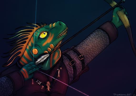 Digital illustration of an iguana like LizardFolk Archer