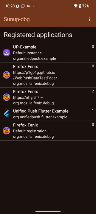 Screenshot of Sunup, in the list of the registered applications, we can read "Firefox Fenix" with a subtitle "https://ntfy.sh/"
