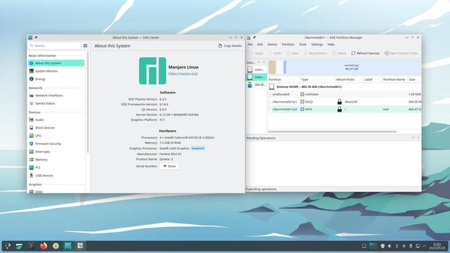 Screenshot of the freshly installed Manjaro Linux with system info and the btrfs partition on KDE.

Kernel Version: 6.12.28-1-MANJARO (64-bit) Audio Graphics Platform: X11 B Block Devices Hardware e Processors: 4 x Intel® Celeron® N5105 @ 2.00GHz Pending Operations o x © Firmware Security Memory: 7.5 GiB of RAM Graphics Processor: Intel® UHD Graphics integrated B interrupes Manufacturer: Fanless Mini PC
Memory Product Name: Quieter 3