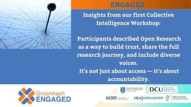 Insights from our first Collective Intelligence Workshop:



 Participants described Open Research as a way to build trust, share the full research journey, and include diverse voices.



 It's not just about access — it's about accountability.



https://www.tcd.ie/civicengagement/engaged/



#OpenResearch #CollectiveIntelligence #publicengagement