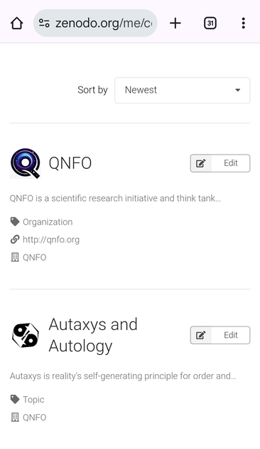 Zenodo profile page showing QNFO and "Autaxys and Autology" research communities