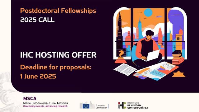 Illustrative image of the IHC Hosting Offer for Marie Skłodowska-Curie Postdoctoral Fellowships 2025. The deadline for proposals is 1 June 2025. The image includes an AI generated drawing of a man sitting and working with a laptop, surrounded by books and documents, with a big window at his back, where tall buildings of different shapes are represented. The drawing is bright and colourful in tones of orange, black and blue.
