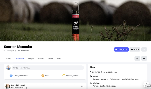 Screenshot of the a Facebook page that says, "Spartan Mosquito: public group, 88 members," and features a header photo that is black and orange tube that says, "Spartan Mosquito Pro Tech," in white letters underneath an illustration of a Spartan helmet.
