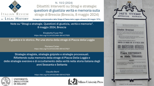 Italian Review of Legal History Vol. 10/2 (2024) 
Dibattiti: Interventi su Stragi e strategie: questioni di giustizia verità e memoria sulla strage di Brescia (Brescia, 8 maggio 2024) 

https://riviste.unimi.it/index.php/irlh/issue/view/2587