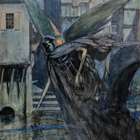 Bild: The angel of death (a winged skeletal creature) drops some deadly substances into a river near a town; representing typhoid. Watercolour, 1912, after Richard Tennant Cooper (1885-1957)  Wellcome Collection | CC BY 4.0 - bearbeitet