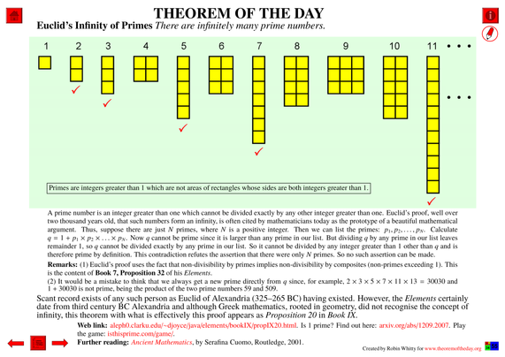 Comprehensive presentation of the "Theorem of the Day", starting with a statement of this theorem.

Euclid’s Infinity of Primes : There are infinitely many prime numbers.