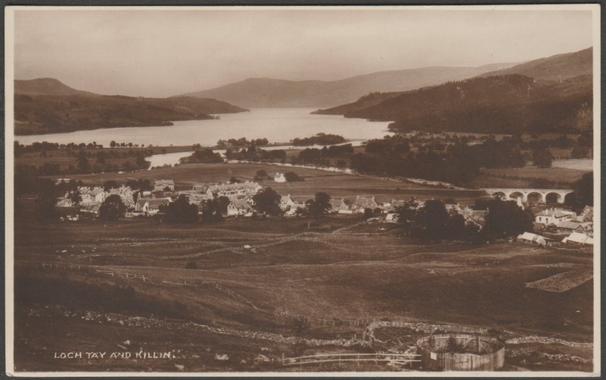 Sepia real photographic postcard showing a view of Killin in Perthshire, with Loch Tay behind.

Published by Valentine & Sons Ltd, Dundee & London, Valentine's XL Series, not numbered, c.1920s.

Postally unused.

Very good condition, with very slight corner bumps.