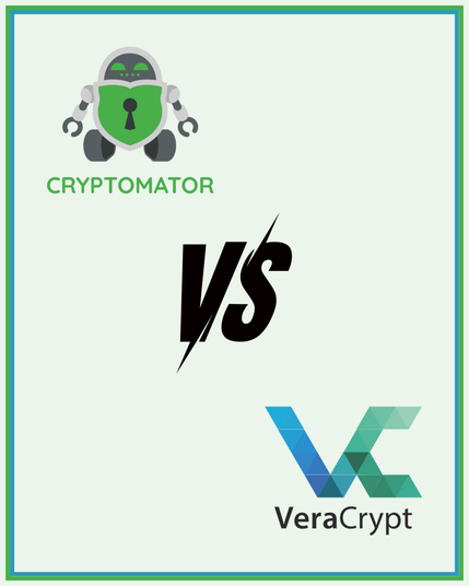 Visual comparison of two encryption tools: Cryptomator, represented by its green robot mascot with a shield and keyhole, and VeraCrypt, shown with its geometric blue-green VC logo. The bold “VS” in the center signals a direct comparison, referring to a detailed analysis between the two solutions.
