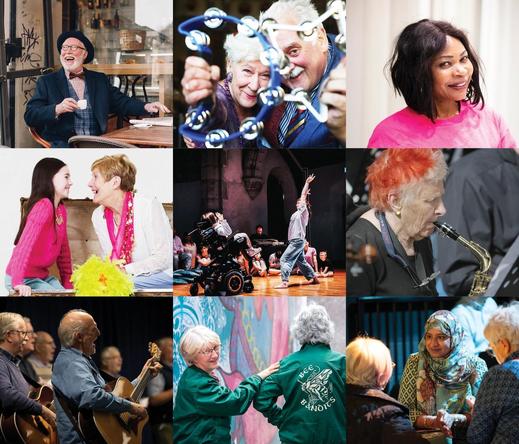 Image: a 3 x 3 array of square photos of various activities, mostly featuring older people; laughing figure at table, couple with tambourines (?), smiling person in pink top, pair chatting, one much younger than the other, figure in wheelchair, another figure possibly dancing, readhead playing saxophone(?), older folk with guitars, singing, pair wearing green Bee Bandits tops, three figures in conversation, one wearing large colourful scarf• “Bealtaine 2025 exhibition at Uillinn features a diverse selection of work from the Arts for Health Partnership Programme over the last year, as well as artworks by our weekly Arts for an Active Mind group.    Arts for an Active Mind    This year’s Bealtaine Exhibition at Uillinn features a new collection of work from Arts for an Active Mind reflecting their personal experiences of the Bealtaine Festival theme, Lust for Life. Arts for an Active Mind has taken place weekly at West Cork Arts Centre for 25 years, facilitated by visual artist Paul…”