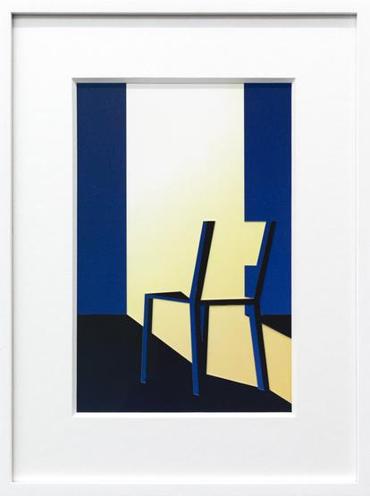 Collage of a chair in the colours blue, yellow and black. The parts of the chair that you see are only the parts that are in de shadow. The rest is not there but the viewer recognizes a chair