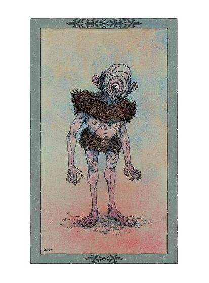 Illustration of a weird guy without features except for a big eye, wearing some kind of fur outfit