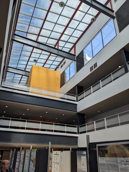 Interior of a modern open plan building with large skylight.