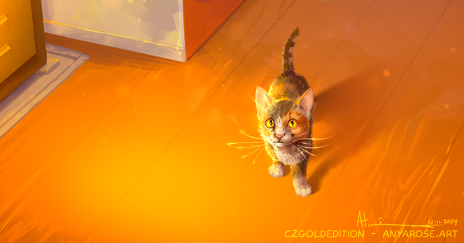 Close up crop from a painting featuring a tiny, bright-eyed calico kitten standing in the warmth of the light from a wood burning stove to the left side of the image.