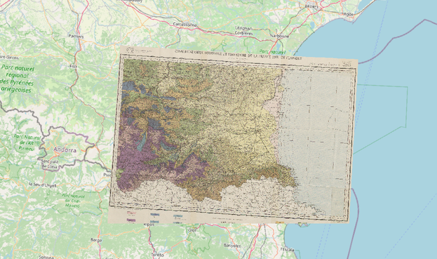 Eine digitalisierte und georeferenzierte historische Karte der Region um Perpignan vor dem Hintergrund einer OpenStreetMap-Karte.