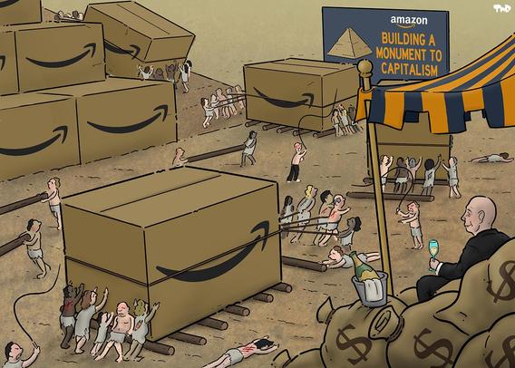 Cartoon showing Jeff Bezos sitting on a pile of money bags under an awning holding a glass of champagne. Below him, slaves are pulling giant cardboard boxes with the Amazon logo, building an enormous pyramid. In the back stands a sign with the text 'Amazon: building a monument to capitalism'