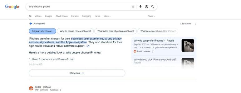 Google testing new AI Overview interface with query expansion buttons/tabs at the top