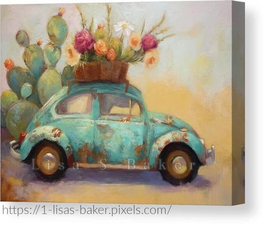 An art print of a whimsical illustration of a vintage VW Bug decorated with a crown of colorful desert flowers, parked among cacti and sunlit desert sands. The artwork has soft pastel tones and rustic textures, evoking a nostalgic, romantic Southwest vibe. Art by Lisa S Baker.