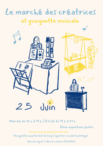 "Marché de créatrices et guinguette musicale
16h-21h
25 juin
Marché de 16h à 19h/DJ set de 19h à 21h
Des expositions photos
Guinguette ouverte tout du long /apporter un plat à partager
Bascule Argoat 1 allée du calvaire PLOURAY"

Illustrations en bleu et jaune de personnes derrières leurs stands avec des illustrations