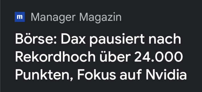 Ausschnitt einer Schlagzeile des "Manager Magazin". Zu lesen ist unter anderem: "Dax pausiert nach Rekordhoch"