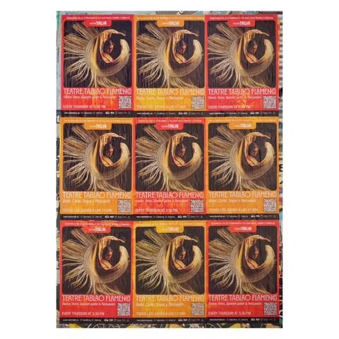 This is a portrait format colour image of nine flamenco theatre posters on a wall in Valencia, Spain. The posters - which fill the frame - are in a three by three grid, alternating in red and dark yellow details. The image at the centre of each poster is the same: a female flamenco dancer swirling with her arms in an arc and the fringe of her shawl creating another arc, giving a circular feel to the picture. Taken with a Sony RX100iii.