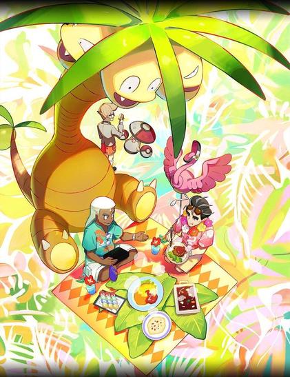 Gabriel Oak, Laureano y Cael de picnic, con Exeggutor de Alola, Flamigo y Amoonguss