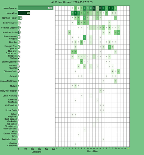 Chart generated by BirdNET-Pi with rows of all detected birds for Tuesday, May 27, 2025 in decending order.  The first large column displays a bar chart of relative frequency; the 24 reamaining columns create cells with the bird count for each hour of the day shaded by relative count.