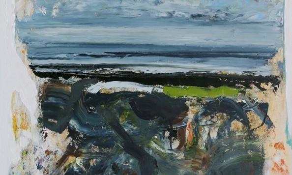 Image: Eddie Kennedy: Lines of Engagement: Threshold, Oil on canvas, 70 x 60 cm, 2023 | assertive use of paint, with strong makr-making in the foreground, but a calmer seashore and sea in the background; it is not clear what the foreground shapes are; the paint strokes often do not reach the edges of the canvas where we might expect that they would, though only on the horizontal axis • “Artists Statement: I’m delighted to be sharing my paintings here at the Source in Thurles. It is a home coming for me, as I was born here in Thurles. My own source is nearby: in the parishes of Drom and Inch and Templemore, in the townlands of Barnane and Ballyheen, under the Devil’s Bit Mountain…”