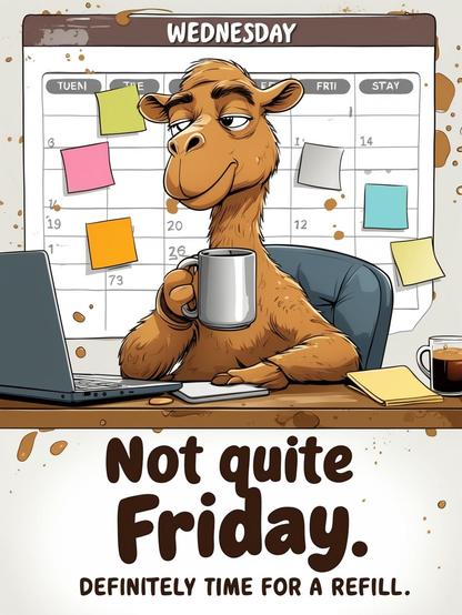 A camel wiring in an office differently raises it's only Wednesday: Not quite Friday. Definitely time for a refill.